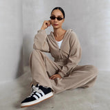 2025 New Ladies Casual Suit Solid Color Long Sleeve Hooded Cardigans Tight Waist Wide Leg Trousers 68HZ