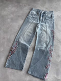 Heavy Industry Flower Embroidered Jeans Men And Women's Y2k High Street Fashion Street Straight Trousers 68HZ