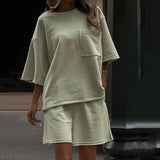 2025 Casual Ladies Summer Suit Solid Color Round Neck Short Sleeves Tight Sports Shorts Two-Piece Set Of Women 68HZ