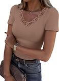 2025 Lace Splicing V-Neck Tight Solid Color Short-Sleeved T-Shirt Women's Summer New Pure Desire To Slim Top