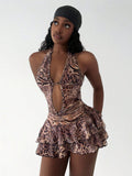 New Fashion Leopard Print Body Sexy Hanging Neck Tying Cake Short Dress Dress Dress Woman