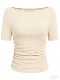 Hottie Solid Color Boat Collar Horn Sleeve T-Shirt Girl 2025 Autumn Dress Folds Thin Tops Long Sleeve