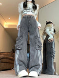 Vintage Design Side Striped Jeans Women Spring And Autumn Loose High-Waisted Hottie Multi-Pocket Workwear Long Pants 68HZ