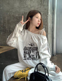 Print Spliced Lace Slanted Shoulder Long-Sleeved Sweater Woman Y2K New Loose Design Sense Niche Sports Top 68HZ