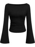 Hottie Solid Color Boat Collar Horn Sleeve T-Shirt Girl 2025 Autumn Dress Folds Thin Tops Long Sleeve