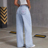 Butterfly Embroidered Jeans Women's Y2K High Street Low-Rise Straight Pants 68HZ