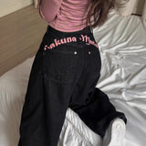 Letter Embroidery Printed Jeans Women Y2k Sweet Cool Hot Babes Trend High Waist Slim Straight Trousers 68HZ