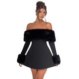 Women's Winter New Elegant Collar Hair Splicing Shoulder Design Tight Height Waist Dress