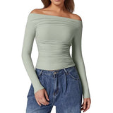2025 New Women's Shoulder-To-Shoulder Solid-Colored Wrinkles One-Word Long-Sleeved Sexy Top