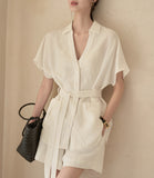 Imitation Cotton Hemp Texture Is Not Easy To Wrinkle Without Iron Heavy Industry Nail Beads V Tie Belt Short-Sleeved Shirt Coat + Shorts Set Summer