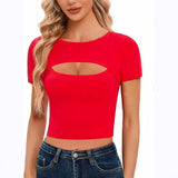 2025 Summer New Round Neck Casual Sexy Solid-Colored Bare-Necked Women's Short-Sleeved T-Shirt