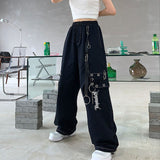 Punk Style Street Trousers Women Hip Jaspan Black Trousers Chain Broad Leg Trousers Hotter Gothic Trousers 68HZ