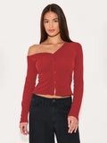 Autumn 2025 Hot Women's Slanted Shoulder Long-Sleeved Button Knitted T-Shirt Y2K Hot Girl Style Repair Body