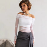 Women's Clothing 2025 Spring And Summer New Solid Color Repair Fashion Word-Collar Mesh Yarn Long-Sleeved Top Woman