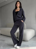 2025 New Ladies Casual Suit Solid Color Long Sleeve Hooded Cardigans Tight Waist Wide Leg Trousers 68HZ