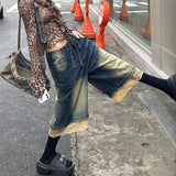 Vintage Large-Size Water Wash To Make Old Lace Splicing Denim Seven-Point Trousers Female Street Hottie Loose Legs Pants Tide 68HZ