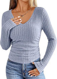 2026 New Female Pure Color V-Neck Fashion Long-Sleeved Pitted Haired Women's T-Shirt