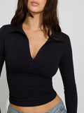 2025 Women's POLO Collar Button Wearing Front Shoulder T-Shirt Solid-Colored Bottom Shirt Tight Slim Slimskims Top