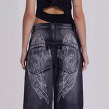 Trendy Retro Winged Jeans Women Y2K Street Hottie Low-Rise Loose Straight 68HZ