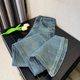 Vintage Diamond Jeans Women Y2k High Street Design High-Rise Straight Pants Loose Drag Trousers 68HZ