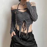 2025 Summer New Women's Pure Color Body Open Umbilical Fashion Fold Hanging Neck T-Shirt 68HZ