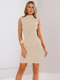 2025 New Women's Sexy Half-High Collar Folds Waist Skirt Women's Temperament Pure Color Dress