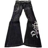 Vintage Embroidery Micro-Tipped Jeans Women High Street Punk Y2k Low-Rise Casual Drag Trousers 68HZ
