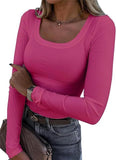2026 New Burst Threaded Pit Strips Long-Sleeved Sexy U-Neck Casual Women's T-Shirt