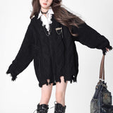 Black V-Neck Long-Sleeved Knit Coat Y2k Autumn/Winter Languid Leprosy Sweater Irregular Zipper Opener 68HZ