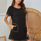 Summer Lady Home Clothes Pajamas Side Pocket Short-Sleeved Round Neck Imitation Cotton Pyjamas Woman