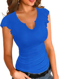 2025 Summer New Solid Color V-Necked Leaf Sleeve Short-Sleeved Lady Top