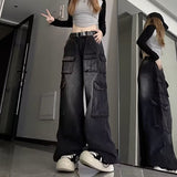 Multi-Pocket Design High Street Workwear Jeans Women Y2k Water Wash Old Loose Broad Leg Pants 68HZ