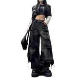 High Street Hole-Breaking Two Pieces Of Old Work Clothes Jeans Women Hiphop Street Retro Broad Leg Pants Trend 68HZ
