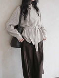 Spring New Commute Loose Striped With High-Necked Shirt Relaxation Wearing Top Dress Woman