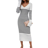 Dili Women's Clothing 2025 Autumn And Winter Repair Sexy Deep V Bump Color Striped Sweater Dress