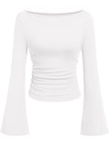 Hottie Solid Color Boat Collar Horn Sleeve T-Shirt Girl 2025 Autumn Dress Folds Thin Tops Long Sleeve
