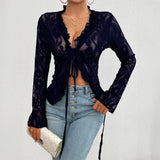 Dili Women's Top 2025 Spring And Summer Sexy Long-Sleeved Lace Lace Top