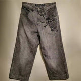 New Retro Gray Skull-Print Jeans Women Y2k Water Wash Old Straight Broad Leg Pants 68HZ