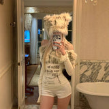 Vintage Shoulder Hair Collar With Long-Sleeved T-Shirt Girl Y2k Out-Shoulder Sexy Hottie Print Top 68HZ