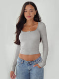 2025 New Long-Sleeved T-Shirt Women's Fashion Brand Slim Lace Spliced Hottie Top U Collar Thin Bottom Shirt
