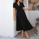 Dili 2025 Spring/Summer Leisure Commuting Holiday Wind V. Collar High-Waist Short-Sleeved Open-Fork Dress Woman