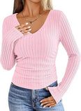 2026 New Female Pure Color V-Neck Fashion Long-Sleeved Pitted Haired Women's T-Shirt