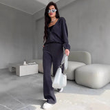 2025 New Ladies Casual Suit Solid Color Long Sleeve Hooded Cardigans Tight Waist Wide Leg Trousers 68HZ