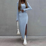 Hot Women's Clothing Solid Color Knitted Long-Sleeved T-Shirt Set Half-Body Fork Bag Hip Skirt Two