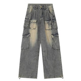 Multi-Pocket Design High Street Workwear Jeans Women Y2k Water Wash Old Loose Broad Leg Pants 68HZ