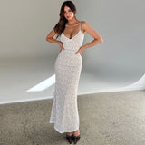 Suspension Deep V Lace Perspective Dress Pocketed Hips Solid Color-Dexed Sexy Long Dress
