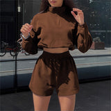 Spring And Autumn Women's Long-Sleeved Half-Necked Zippered Zip-And-Wear Shorts Two-Set Casual Ladies Suit 68HZ