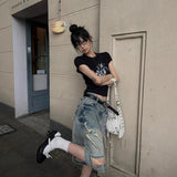 High Street Design Grinds Hole Straight Five-Point Jeans Women Y2K New Hip Hop Trousers 68HZ