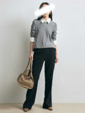 Intellectual College Style Splicing After Opening Buckle Elastic Fake Two Long-Sleeved Knitted Shirt Top Woman