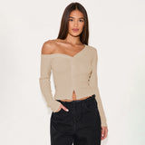 Autumn 2025 Hot Women's Slanted Shoulder Long-Sleeved Button Knitted T-Shirt Y2K Hot Girl Style Repair Body